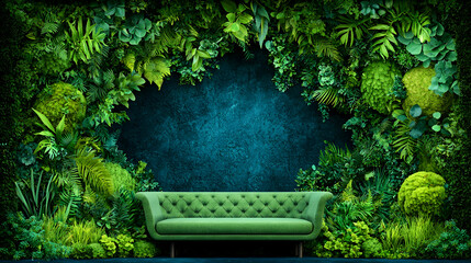 Green sofa in lush vertical garden, blue wall backdrop, interior design
