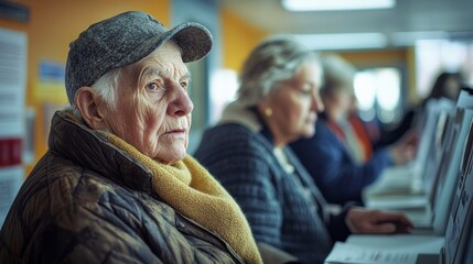 An elderly couple actively participates in early voting at a neighborhood polling station. Poll workers provide assistance, while other voters are visible in the background