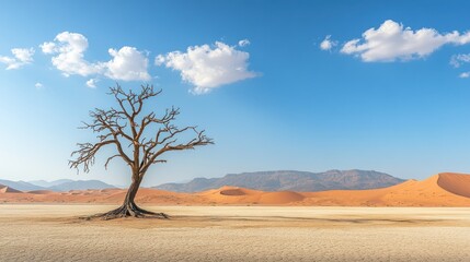 Lone dead tree in desert, mountains background, sunny day, landscape photography