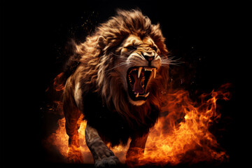 Naklejka premium lion fire on black background.