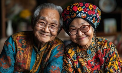 Fototapeta premium Portrait Asian old couple Smile and show love to each other isolated background, Generative AI