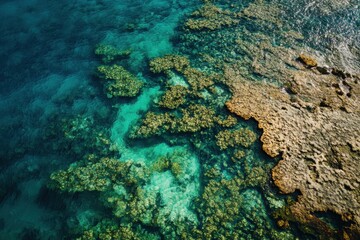 Obraz premium Explore vibrant coral reefs along the stunning Hanalei Bay shoreline in Kauai, USA, Aerial coral reef Hanalei Bay shoreline Kauai USA