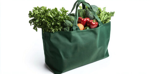 Green Reusable Shopping Bag Filled with Fresh Vegetables and Herbs