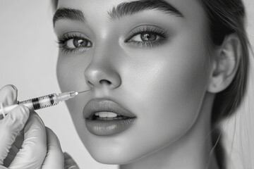 Obraz premium Cosmetologist doing injections for lips augmentation and anti wrinkle in nasolabial folds of young woman, closeup, Generative AI