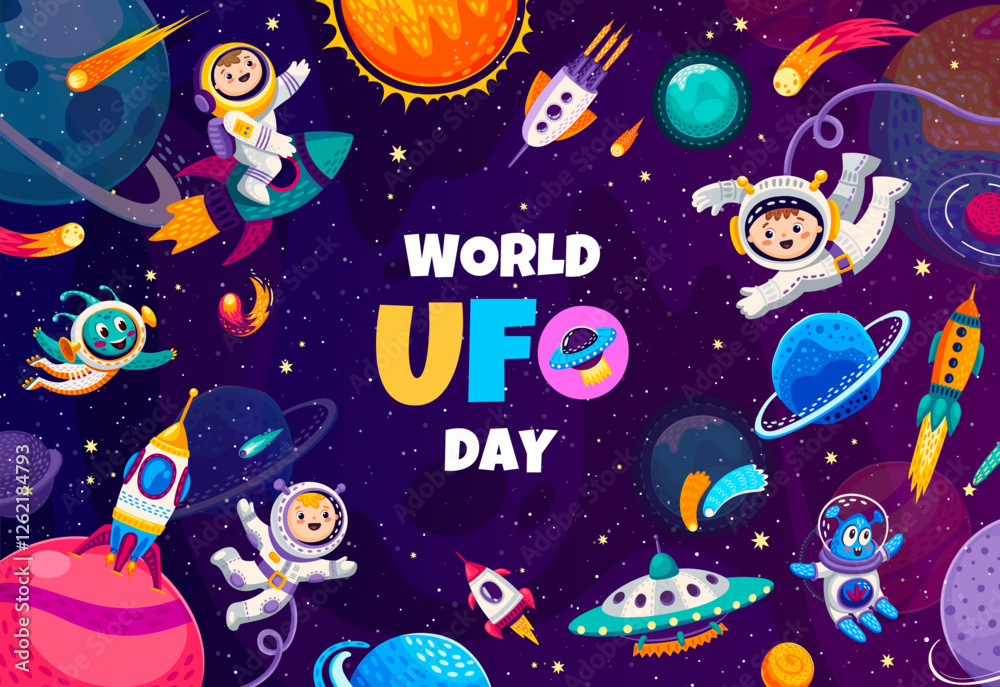 Poster world ufo day banner, cartoon flying saucer and alien characters in outer space. vector greeting car