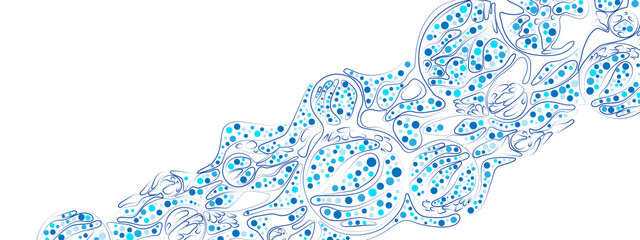 Blue vector background with an abstract chaotic texture. Lines, particles, and circles create a cellular neurographic style. Great for technology, business, and medical banners and presentations.