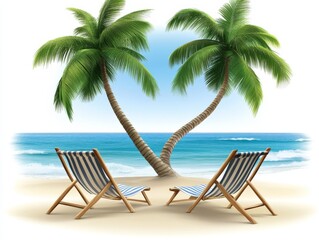 Tropical beach scene with two lounge chairs beneath swaying palm trees on white sand, symbolizing paradise, relaxation, and travel inspiration for exotic getaway themes