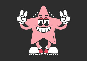 Mascot character of a standing star with hands forming a peace symbol in pink color