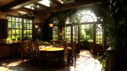 Fototapeta premium Verdant Dining Room with Natural Light and Abundant Greenery Bringing Nature Indoors Elegantly
