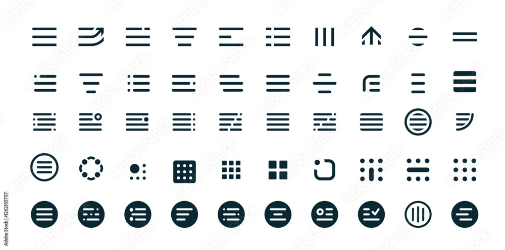 Poster Hamburger menu icons, web and mobile app elements asset. Minimalist alignment and layout symbols, including horizontal lines, dots, arrows, and circular elements for interface design and applications