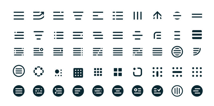 Hamburger menu icons, web and mobile app elements asset. Minimalist alignment and layout symbols, including horizontal lines, dots, arrows, and circular elements for interface design and applications