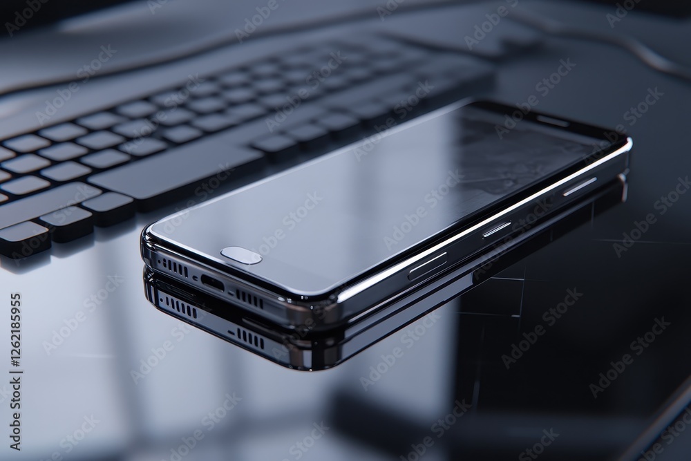 Poster phone rises above surface and transforms while resting on sleek desk near keyboard during daytime, t