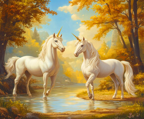 Obraz na płótnie Canvas two unicorn beautiful mane in forest