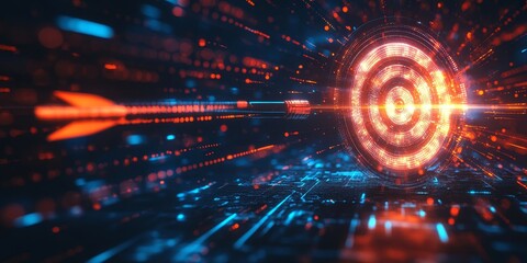 Obraz premium Visual digital arrow at a virtual target dartboard, precision in setting objectives for business investments visualizes strategic approach to achieving goals and hitting targets in, Generative AI