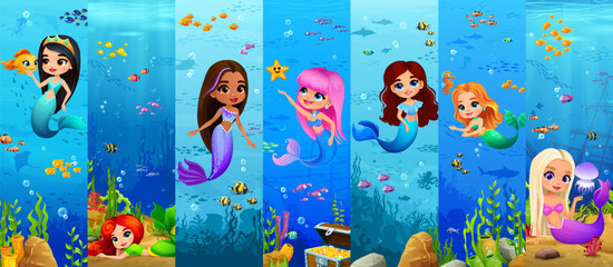 Cartoon cute mermaid princess characters collage. Underwater fantasy world and adorable personages with colorful tails, surrounded by sea creatures, coral and treasure evoking wonder and oceanic magic © Vector Tradition