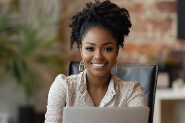 Cheerful happy lady enjoy online work, using laptop, sitting in chair at home, free space. Modern profession and remote job, Generative AI