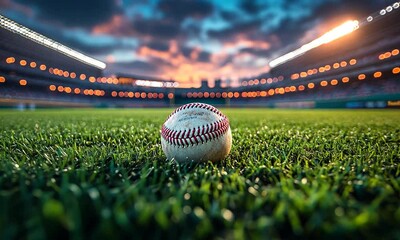 Close-up of a baseball on lush green grass in a vibrant stadium at sunset with dramatic clouds - Powered by Adobe