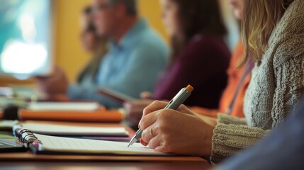 Close-up of a person writing in a notebook during a lecture or meeting. A group of people is seen in the background taking notes and paying attention. Generative AI.