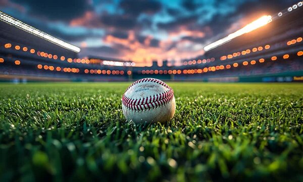 Close-up of a baseball on lush green grass in a vibrant stadium at sunset with dramatic clouds