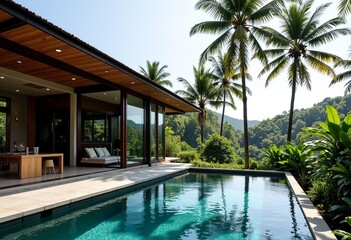 Fototapeta premium Glass Villa in Bali Jungle: Modern Luxury, Infinity Pool, Palm Tree Vista, Tropical Paradise Home, Architectural Wonder.