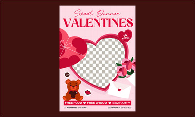 Valentines Party Flyer. Valentines day. Romantic set vector backgrounds. Templates Festive gift card with realistic 3d design elements. Holiday banners, web poster, flyers and brochures, greeting card