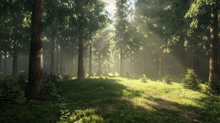Obraz premium Sunlight streaming through a dense forest, illuminating a serene clearing with lush greenery. The peaceful woodland atmosphere creates a magical ambiance. Generative AI.