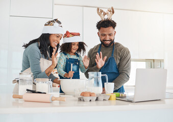 Baking, video call and parents with child on laptop for tutorial, content creation and social...