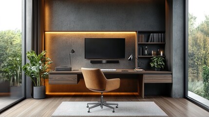 Stylish home office setup with a sleek desk, ergonomic chair, and large monitor