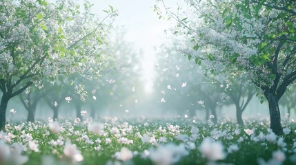 A lush orchard with rows of cherry blossom trees in full bloom. The ground is covered with fallen pink petals, creating a magical springtime scene. Generative AI.