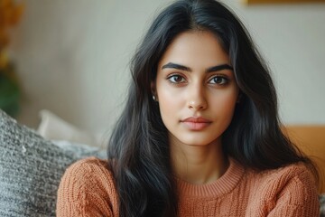 Indian woman calming upset offended guy, support and caring, sitting on sofa at home, free space. Sorry after quarrel, relationship problems, bad news, Generative AI