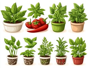 Obraz premium Fresh potted herbs including basil, parsley, and rosemary in vibrant arrangements, representing sustainable living, organic gardening, and eco friendly lifestyle choices