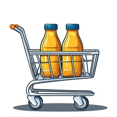 Shopping cart with juice bottles; grocery shopping; cartoon style; bright; cheerful; vibrant background