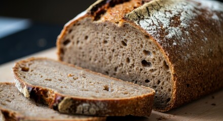 Close-up of sliced artisan rye bread on wooden cutting board with rustic crust