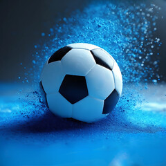 Naklejka premium Soccer ball strikes the surface, creating a dynamic splash of blue paint