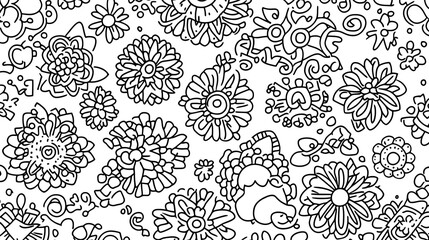 Fototapeta premium Whimsical Floral Pattern Featuring Ornate Botanical Illustrations and Stylized Elements Design