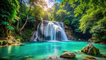 Naklejka premium Majestic Waterfall Cascading into Crystal Clear Pool - Stunning Nature Photography