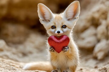 Obraz premium Fennec fox - my preferred animal. Cute fennec fox baby with sparkling rhinestones red heart on in a natural habitat. Marketing animal visual idea. Romantic animal interaction. Loving animals.