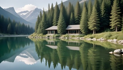 Fototapeta premium Peaceful lake with untouched waters reflecting high peaks and dense pine trees