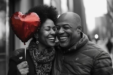 Obraz premium Happy african couple with heart balloon embracing outdoors