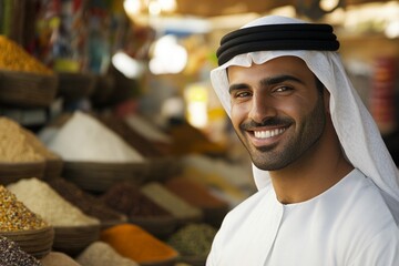 Smiling middle-eastern male in traditional attire at spice market