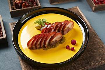 Spiced braised pork elbow slices with roasted pepper sauce