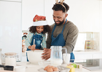 Christmas, dad and daughter with baking in kitchen for learning cake recipe, bonding together or holiday tradition. Happy family, african people or dessert preparation in home with mixing ingredients