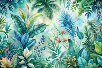 Fototapeta premium Lush Tropical Foliage and Vibrant Blooms in a Watercolor Style, Featuring a Serene and Tranquil Garden Paradise Scene with Diverse Plant Life