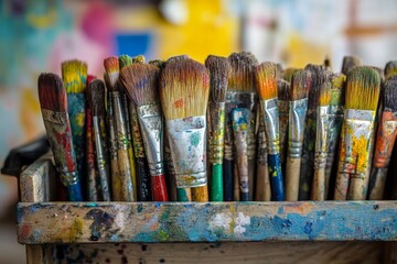 Obraz premium Collection of colorful paintbrushes in an artist's studio