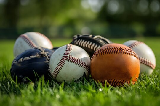 Collection of baseballs and glove on grass in outdoor setting