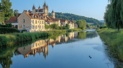 Fototapeta premium Gaze upon a tranquil river scene in Burgundy, where calm waters reflect the surrounding vineyards and historic châteaux, creating an idyllic and highly detailed landscape that encapsulates the beauty