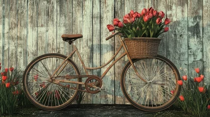Fototapete Vintage bicycle with a wicker basket full of tulips parked near a white picket fence in a cozy countryside setting. Generative AI. © Татьяна Лобачова