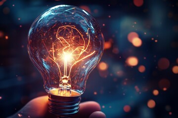 Glowing light bulb in dark background with sparkling bokeh effects