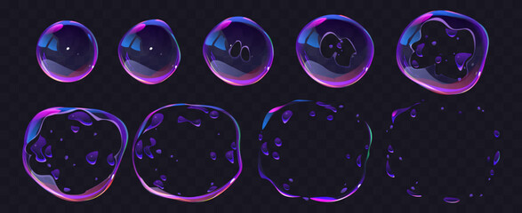 Soap bubble burst effect animated sprite sheet, game animation. Soap sphere explosion. Vector storyboard of cartoon transparent water bubbles with splash and drops. Balloons explode sequence frame
