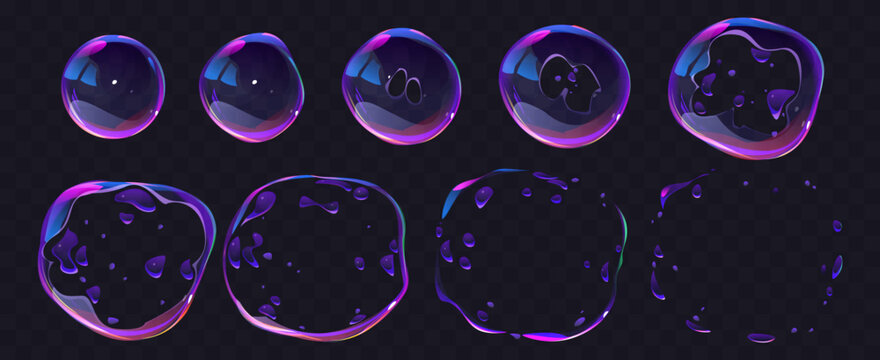 Soap bubble burst effect animated sprite sheet, game animation. Soap sphere explosion. Vector storyboard of cartoon transparent water bubbles with splash and drops. Balloons explode sequence frame